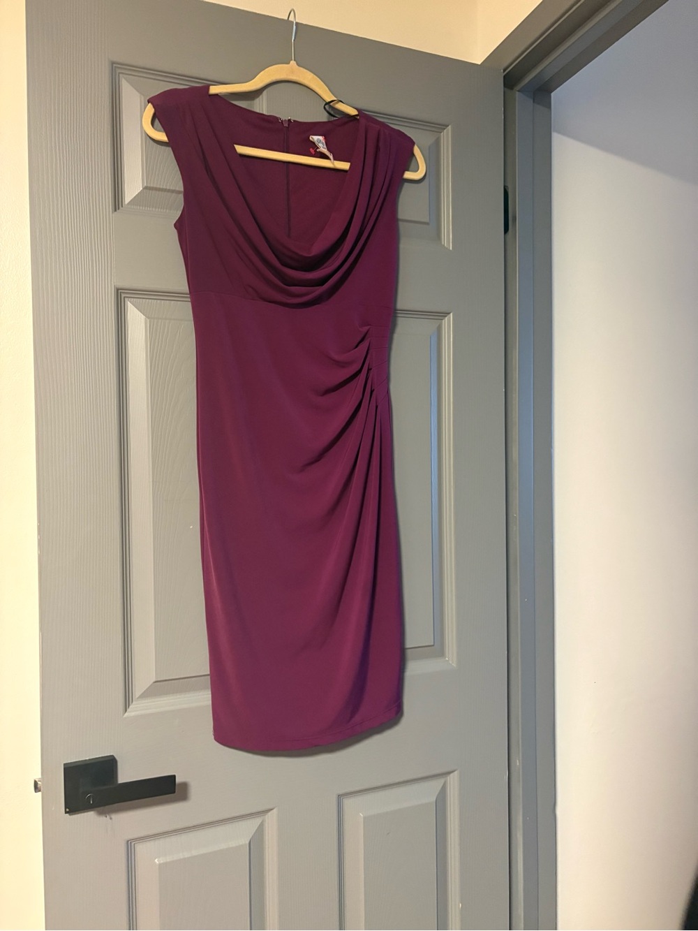 Signature by Sangria Draped Sheath Midi Dress in Plum